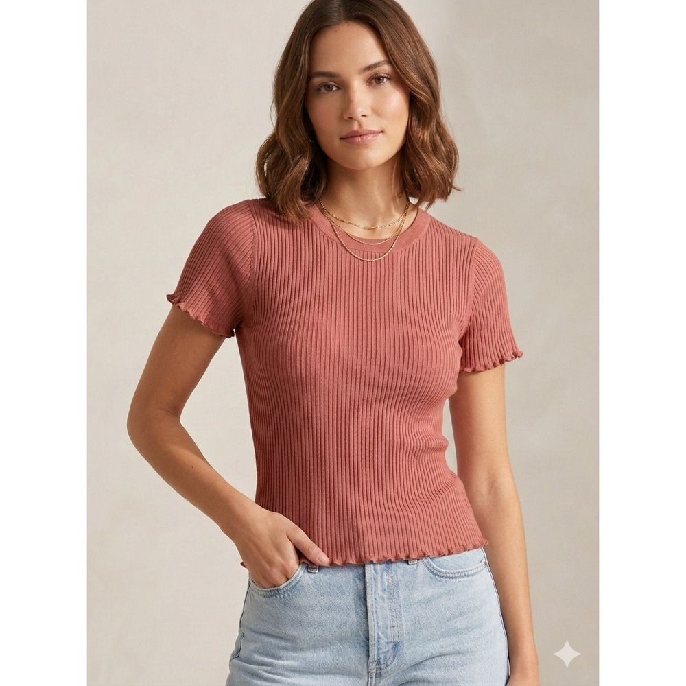 Splendid Ribbed Knit Short‎ Sleeve Top Rose Pink Lettuce Edge Small